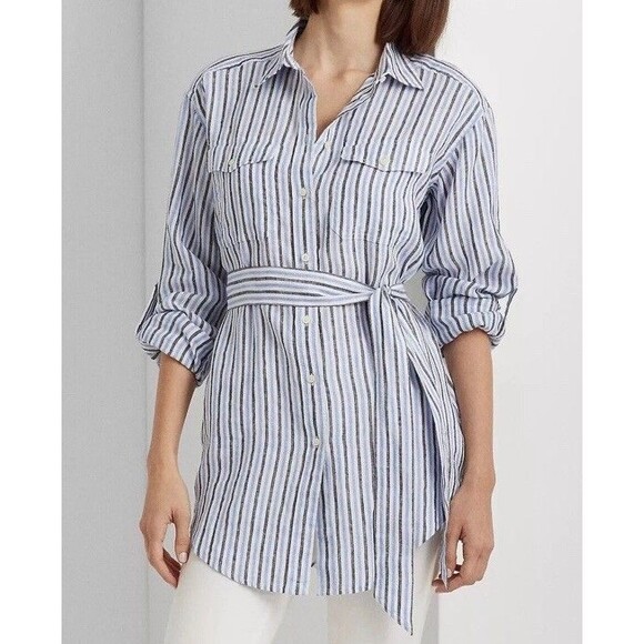 Lauren Ralph Lauren Women’s PS Striped BELTED‎ Linen Tunic Blouse Black Lable - Picture 2 of 8
